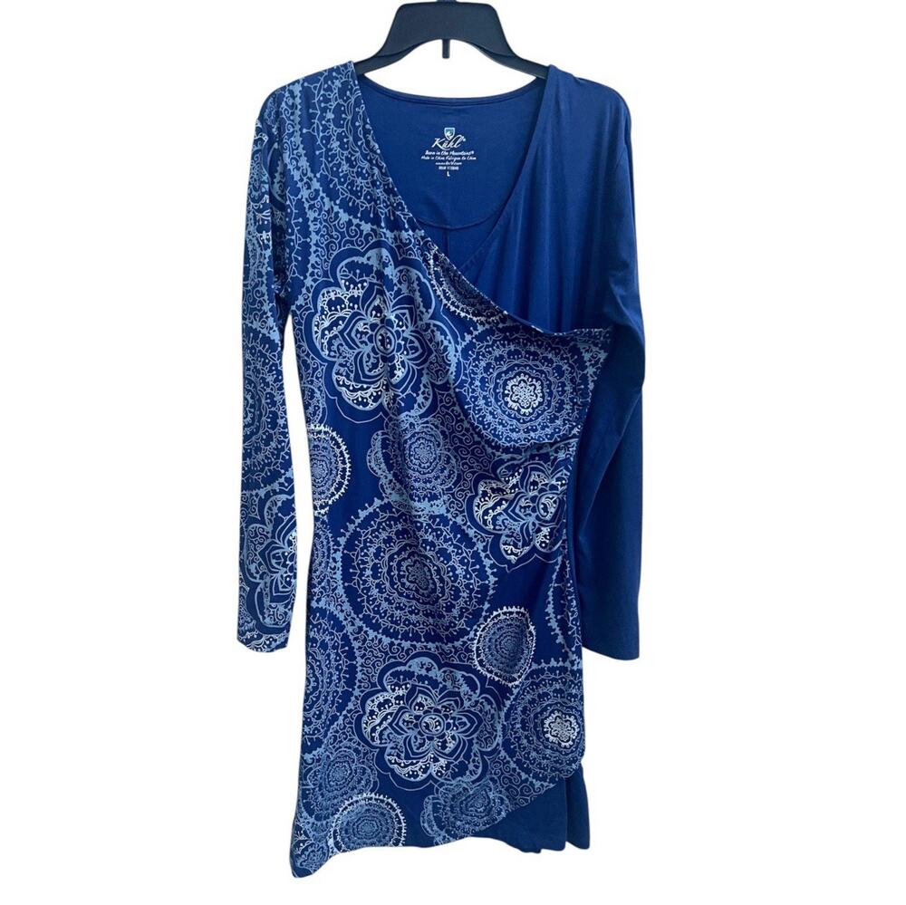 Kuhl Blue Floral Organic Cotton Blend Faux Wrap Dress Sz L Stretchy Long Slv